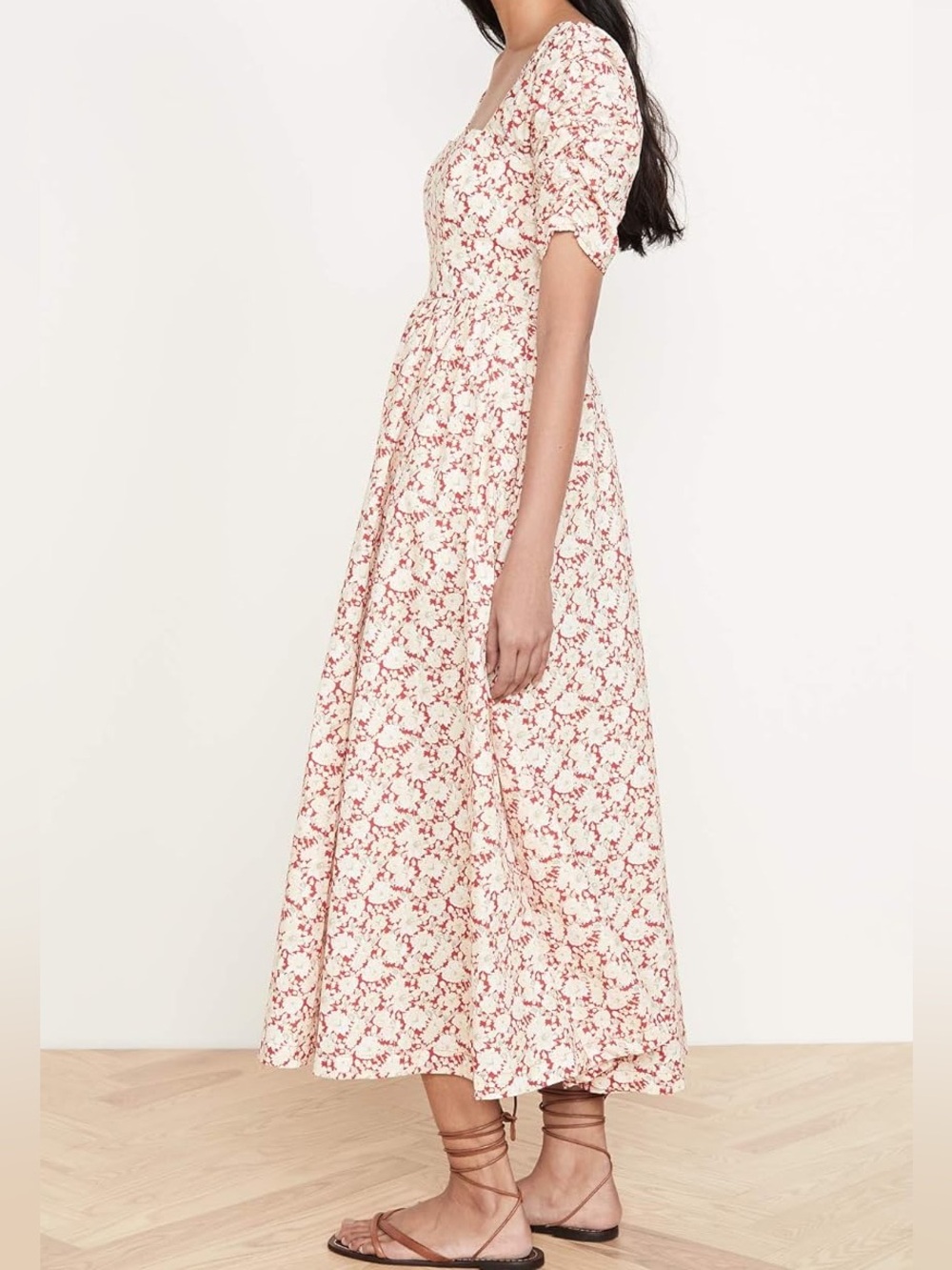 FP Free People She's A Dream Midi Dress - 100% Cotton Red Floral Milkmaid Dress - Picture 3 of 8